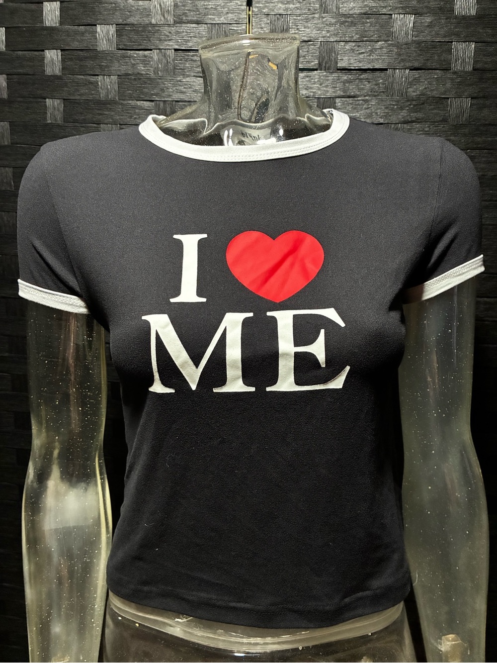 I Heart Me Black Ringer Tee with Red Heart Graphic